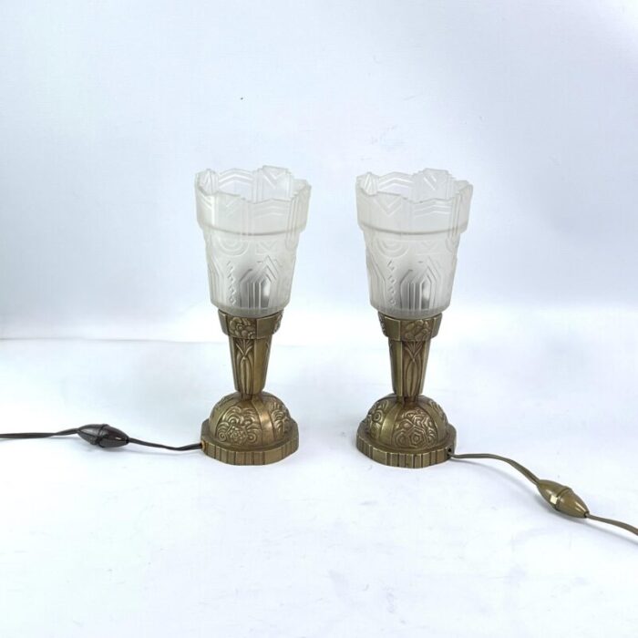 art deco table lamps with geometric glass 1930s set of 2 3700