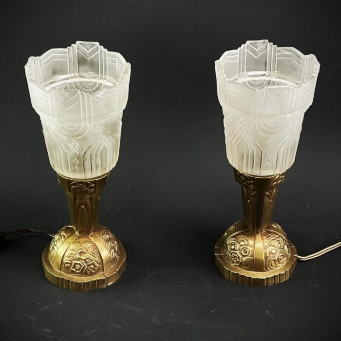 art deco table lamps with geometric glass 1930s set of 2 7260