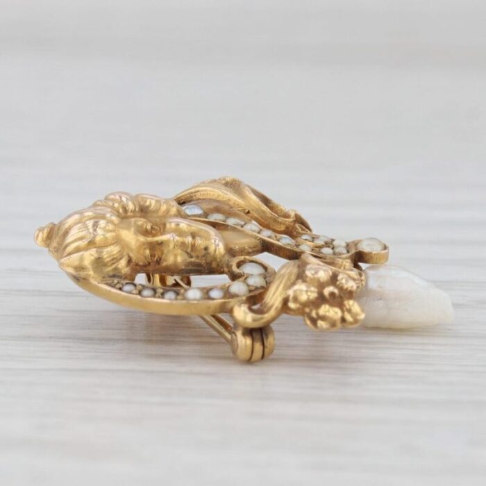 art nouveau figural brooch 14k yellow gold pearls vintage pin 1275