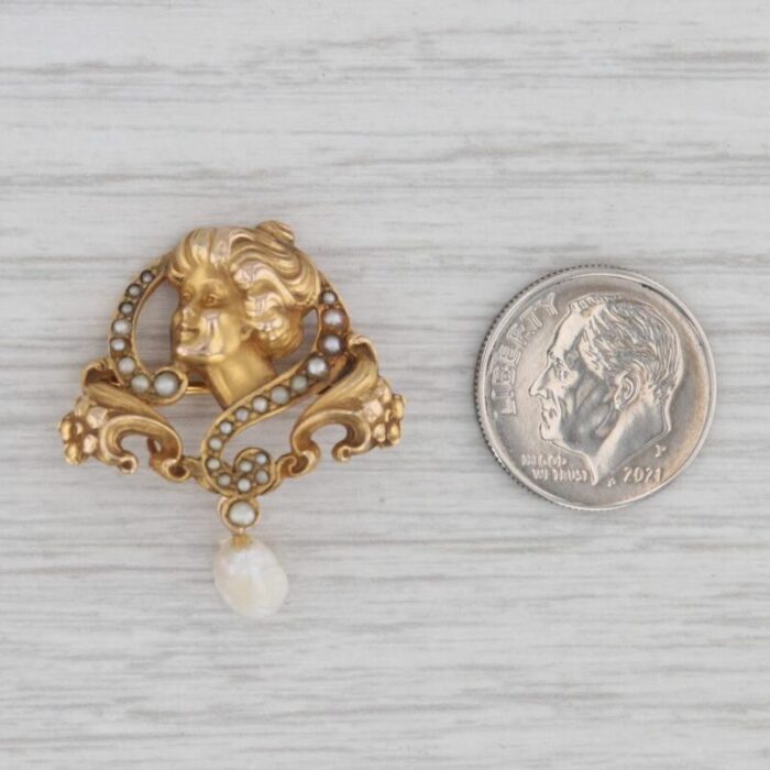 art nouveau figural brooch 14k yellow gold pearls vintage pin 7652