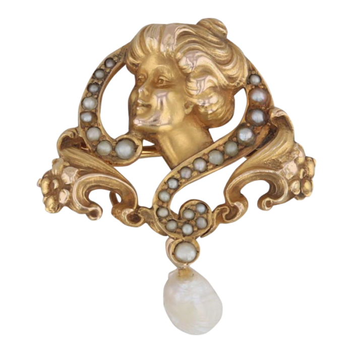 art nouveau figural brooch 14k yellow gold pearls vintage pin 8655