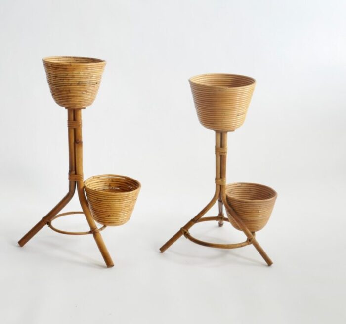 bamboo and rattan plant holders italy 1950s set of 2 7