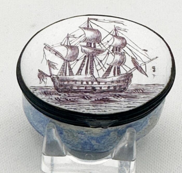 battersea bilston enamel galleon clipper ship patriotic patch box circa 1790 2230