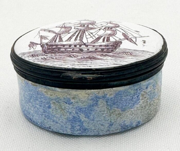 battersea bilston enamel galleon clipper ship patriotic patch box circa 1790 7348