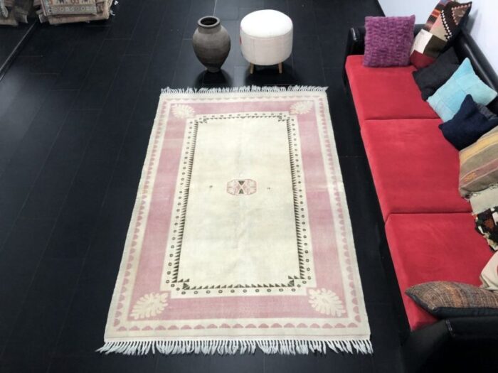 beige and pink oushak handmade wool anatolian rug 1