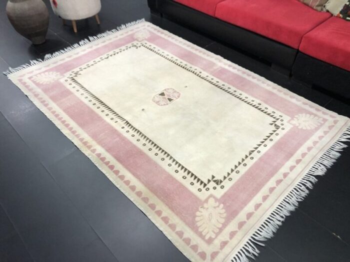 beige and pink oushak handmade wool anatolian rug 5