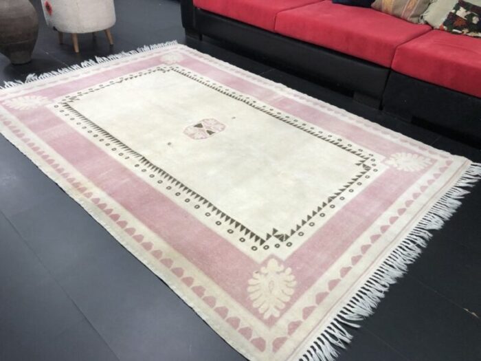 beige and pink oushak handmade wool anatolian rug 6