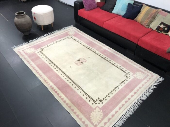 beige and pink oushak handmade wool anatolian rug 7