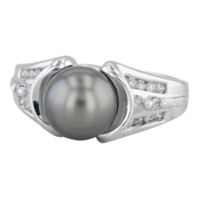 black cultured pearl 026ctw diamond ring 14k white gold size 725 0225