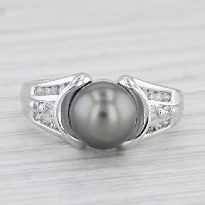 black cultured pearl 026ctw diamond ring 14k white gold size 725 5129