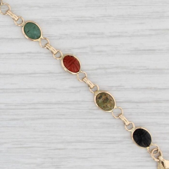 carved stone scarabs bracelet 14k gold chalcedony onyx aventurine quartz 75 0965