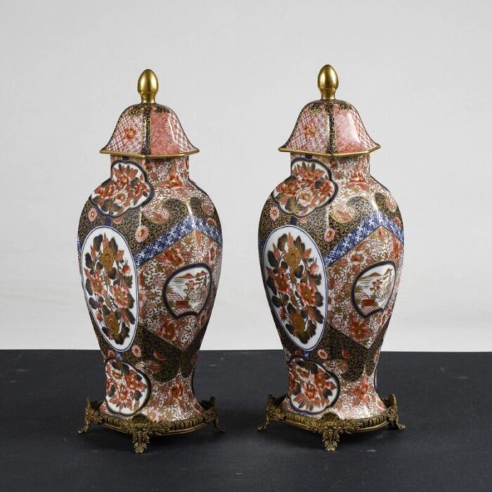 chinese ceramic potiche vases with metal bases 1990 set of 2 0172