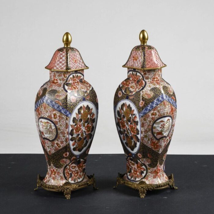 chinese ceramic potiche vases with metal bases 1990 set of 2 2217