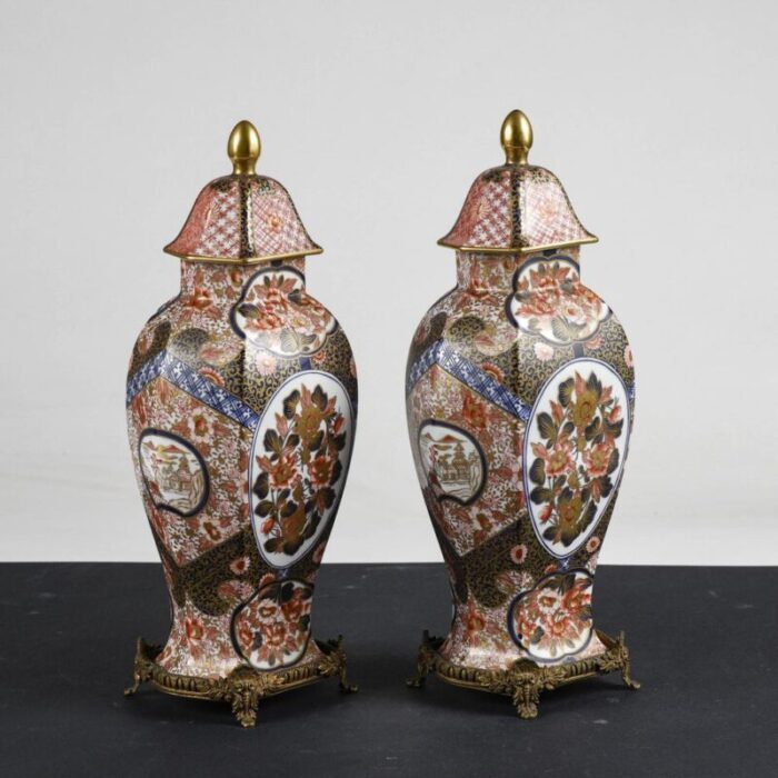 chinese ceramic potiche vases with metal bases 1990 set of 2 2786