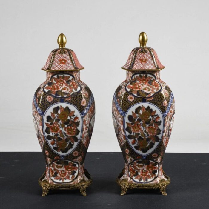 chinese ceramic potiche vases with metal bases 1990 set of 2 2941