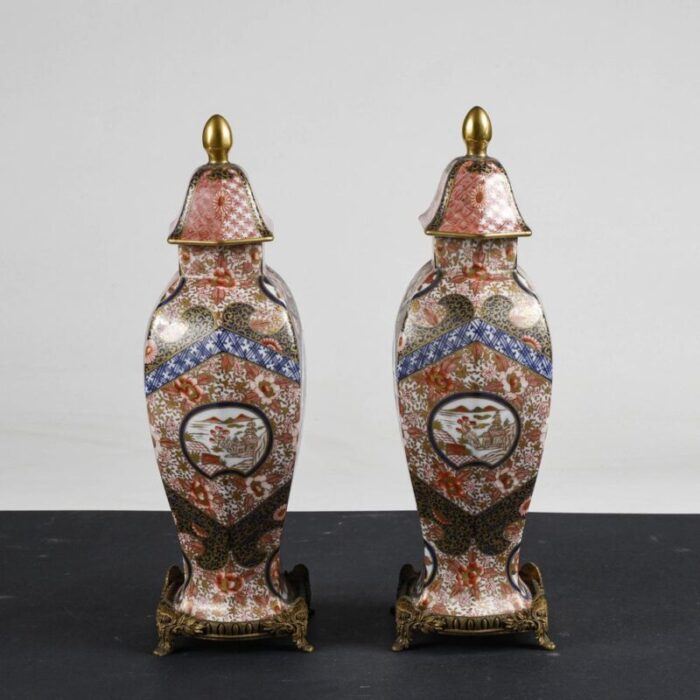 chinese ceramic potiche vases with metal bases 1990 set of 2 3545