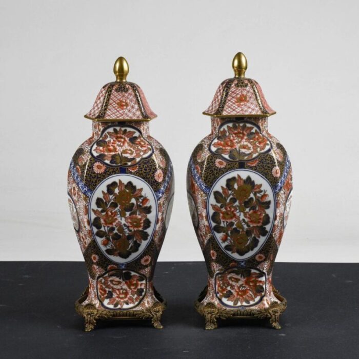 chinese ceramic potiche vases with metal bases 1990 set of 2 9340