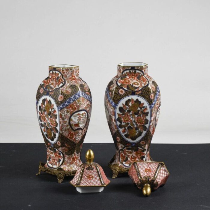 chinese ceramic potiche vases with metal bases 1990 set of 2 9499