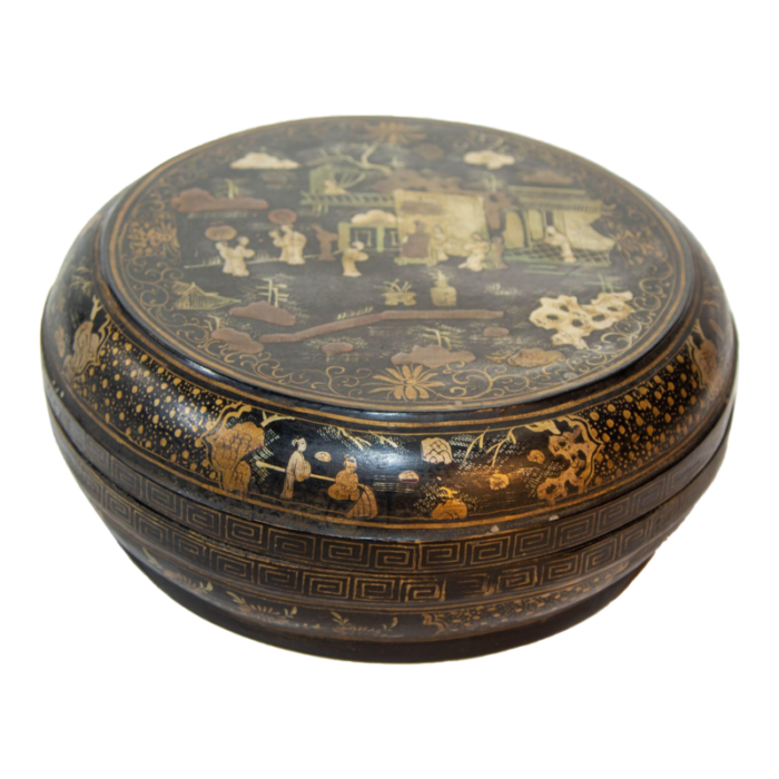 chinese export round box black lacquered gilt painted covered box 1950s 1991