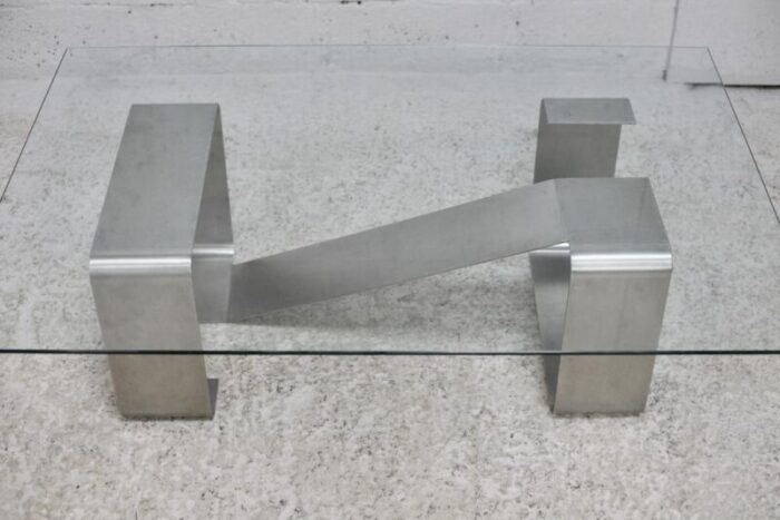 coffee table with kinetic steel base and glass slab 1970s 8760