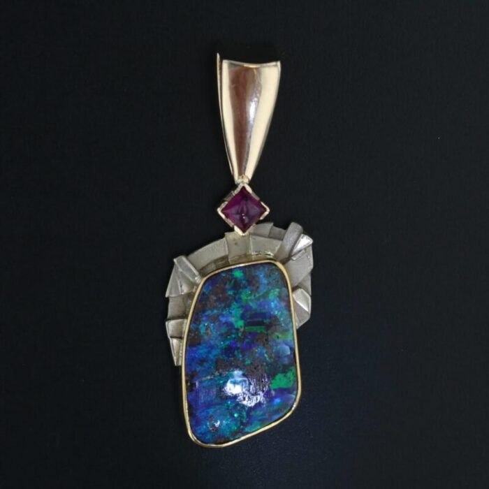 colorful boulder opal ruby pendant 14k yellow white gold 5751