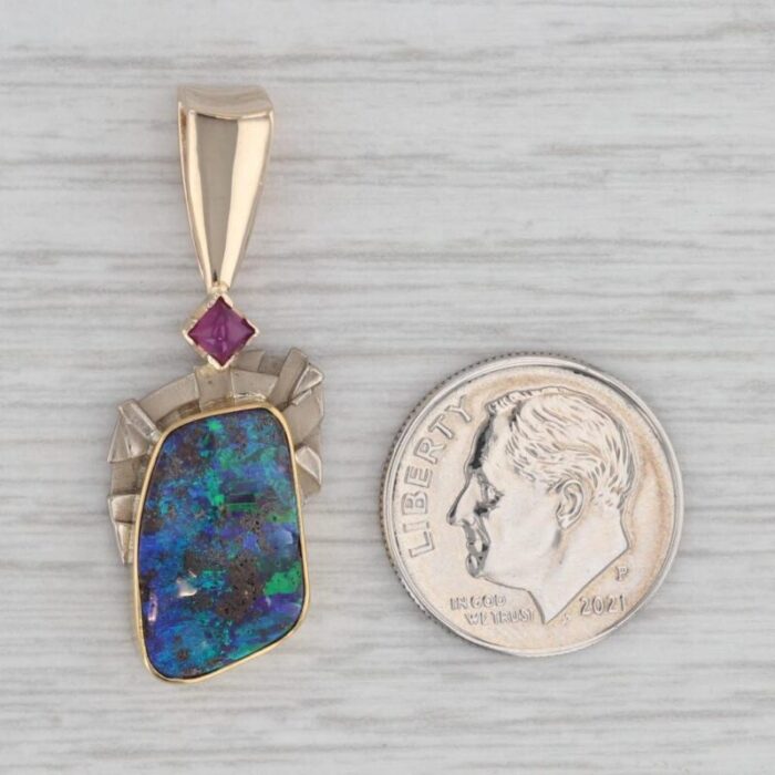 colorful boulder opal ruby pendant 14k yellow white gold 7960