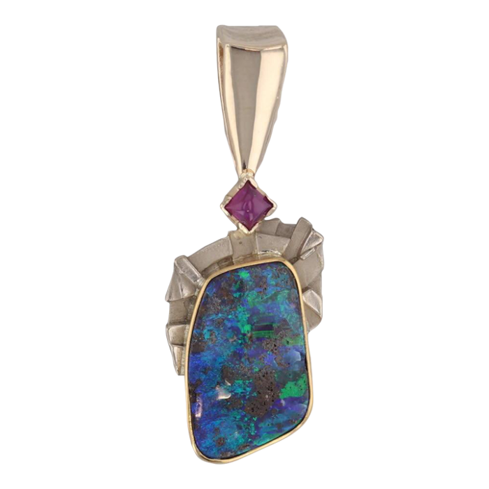 colorful boulder opal ruby pendant 14k yellow white gold 8560