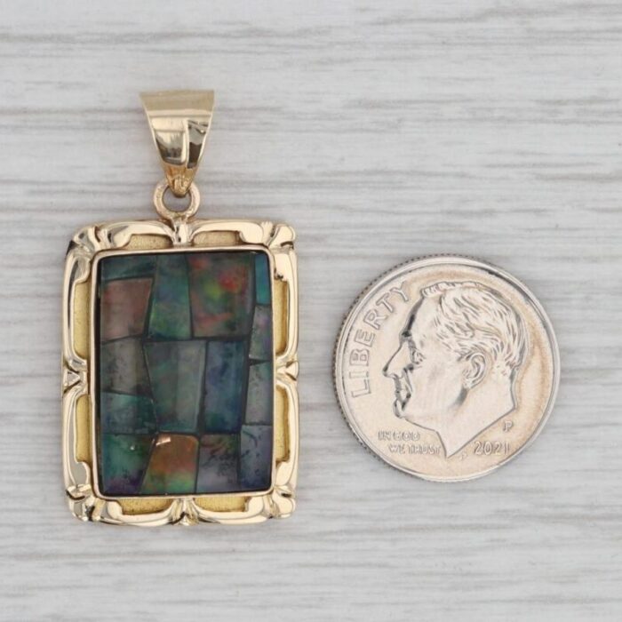 colorful opal mosaic pendant 14k yellow gold cabochon doublet 1666