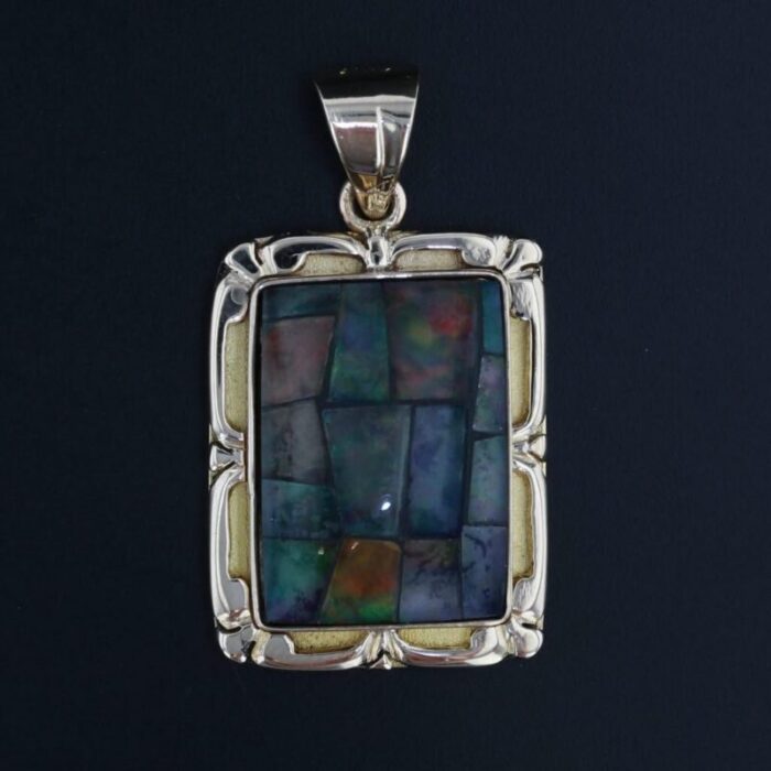 colorful opal mosaic pendant 14k yellow gold cabochon doublet 3197