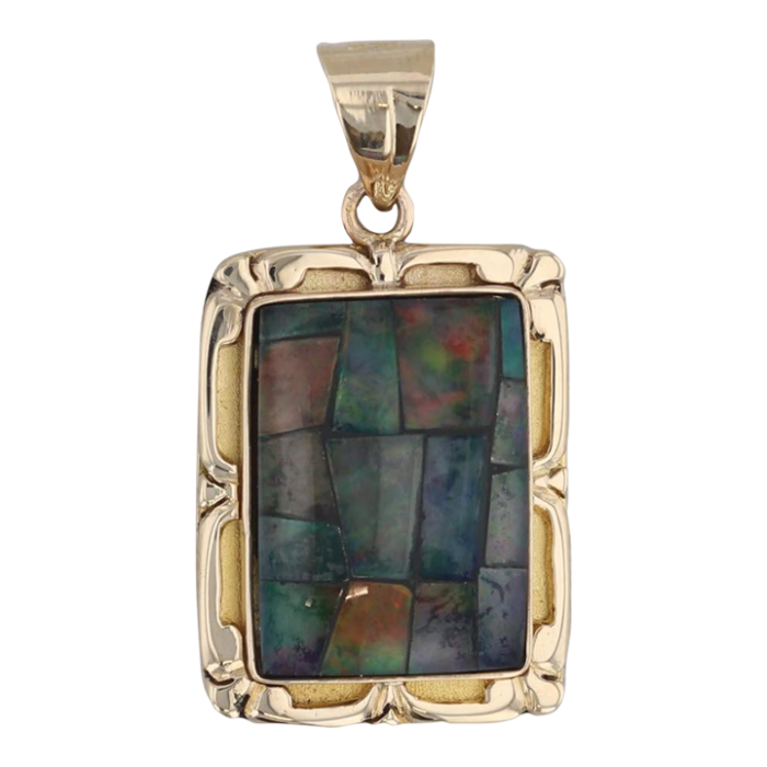 colorful opal mosaic pendant 14k yellow gold cabochon doublet 3696