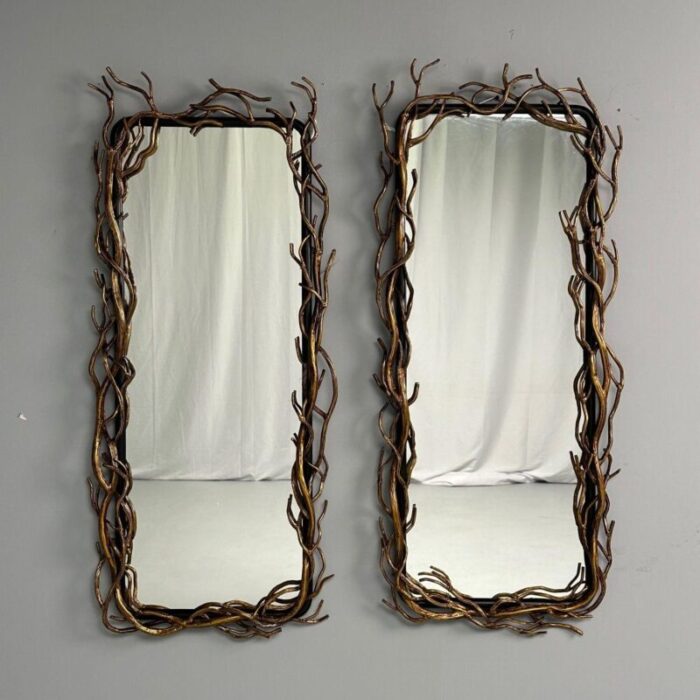 contemporary brutalist modern rectangular wall mirrors gold branch iron 7860