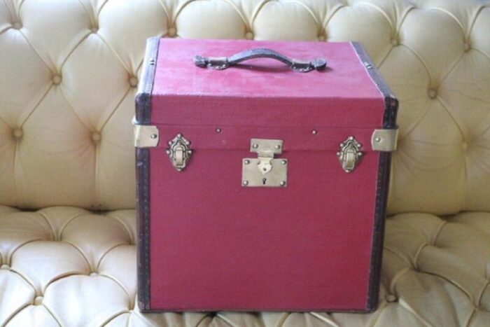 cube shape red canvas trunk 1930s 2