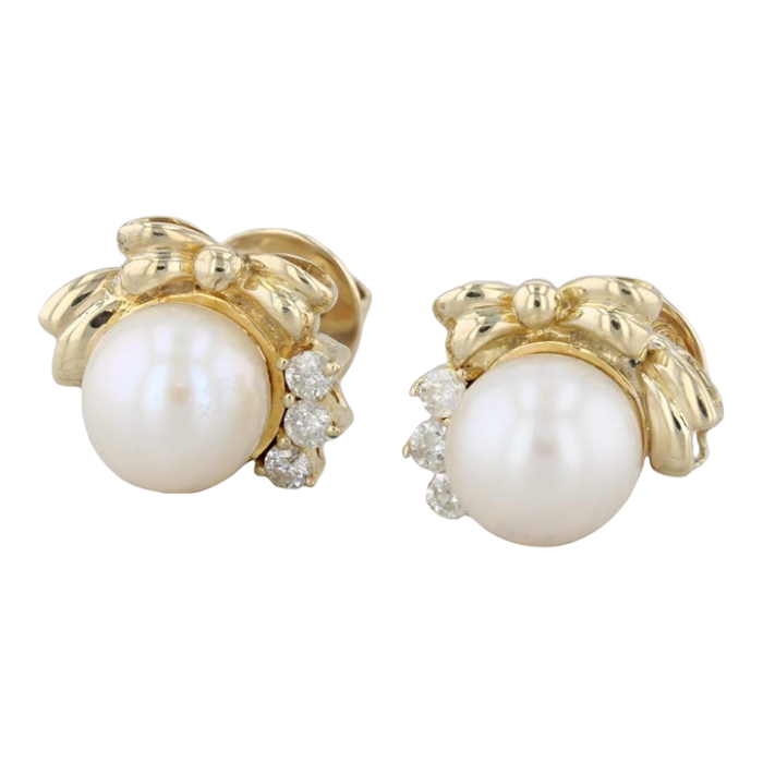 cultured pearl 020ctw diamond bow stud earrings 14k yellow gold 2 pieces 7433