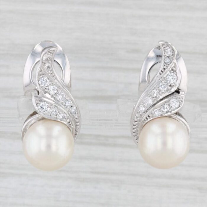 cultured pearl 030ctw diamond drop clip on earrings 14k gold platinum 2 pieces 6203