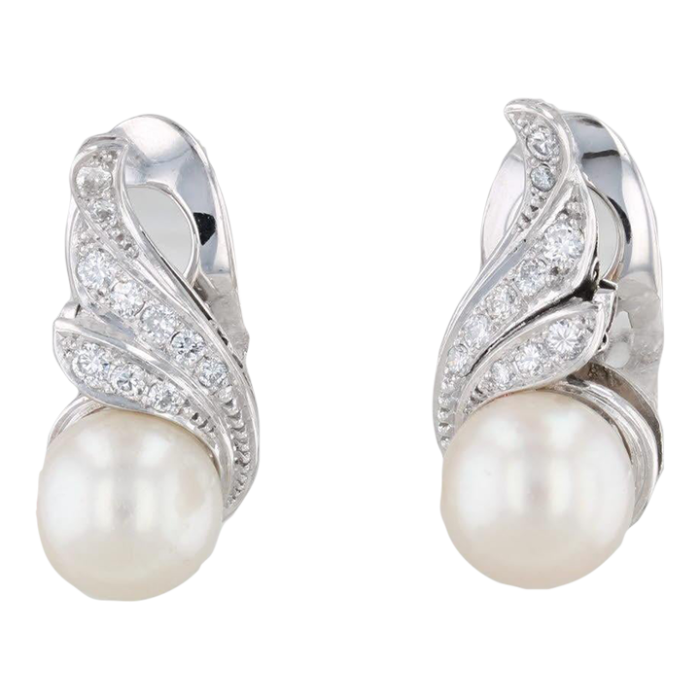 cultured pearl 030ctw diamond drop clip on earrings 14k gold platinum 2 pieces 6388