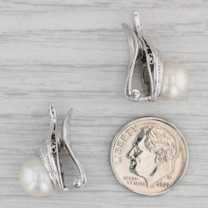 cultured pearl 030ctw diamond drop clip on earrings 14k gold platinum 2 pieces 7150