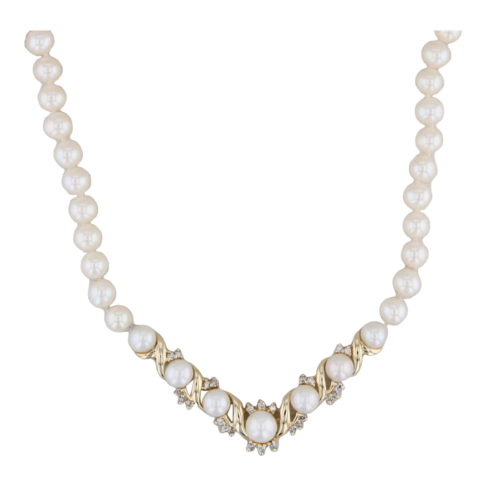 cultured pearl 035ctw diamond v necklace 14k yellow gold 18 1108