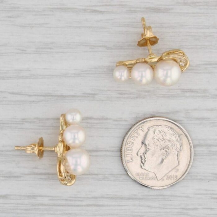 cultured pearl diamond earrings 18k yellow gold pierced drops 2 pieces 1339