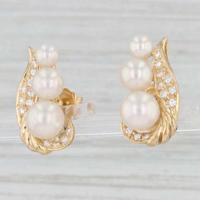 cultured pearl diamond earrings 18k yellow gold pierced drops 2 pieces 4887