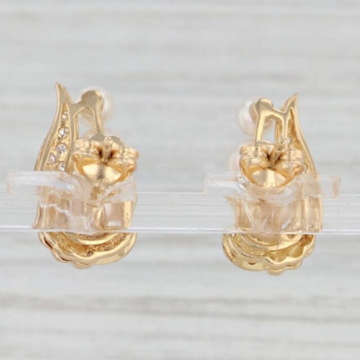 cultured pearl diamond earrings 18k yellow gold pierced drops 2 pieces 8188