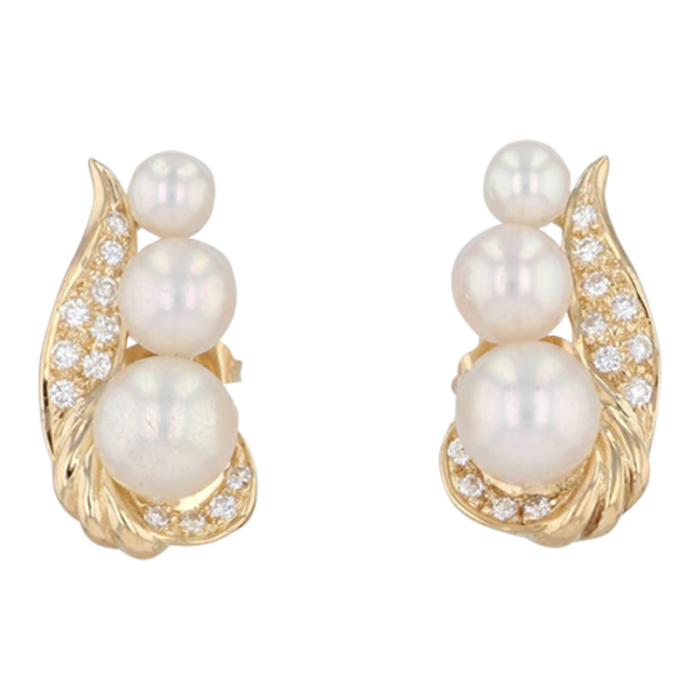 cultured pearl diamond earrings 18k yellow gold pierced drops 2 pieces 9543