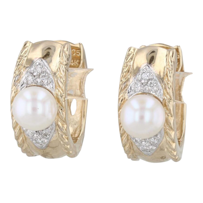 cultured pearl diamond hoop huggie earrings 14k yellow gold snap top hoops 2 pieces 4049