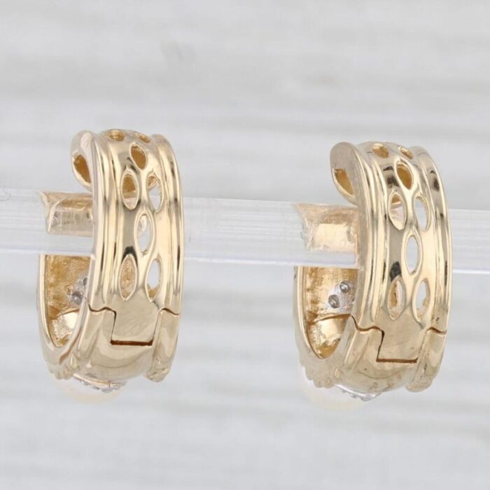 cultured pearl diamond hoop huggie earrings 14k yellow gold snap top hoops 2 pieces 6364