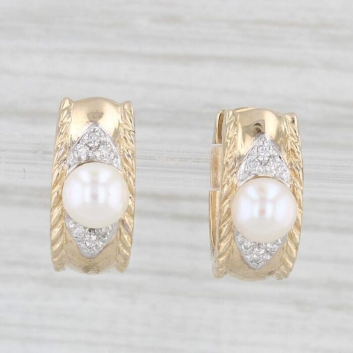 cultured pearl diamond hoop huggie earrings 14k yellow gold snap top hoops 2 pieces 7327