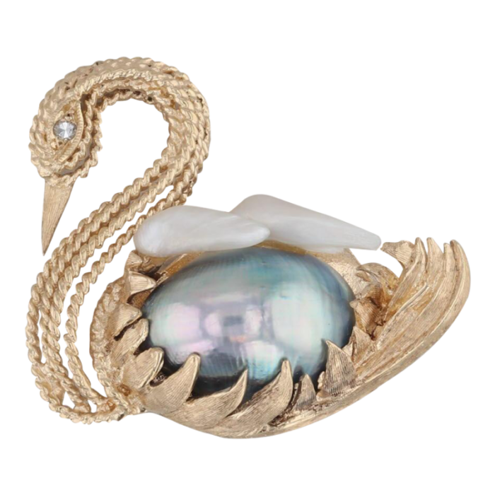 cultured pearl shell diamond swan brooch 14k yellow gold statement pin 8664