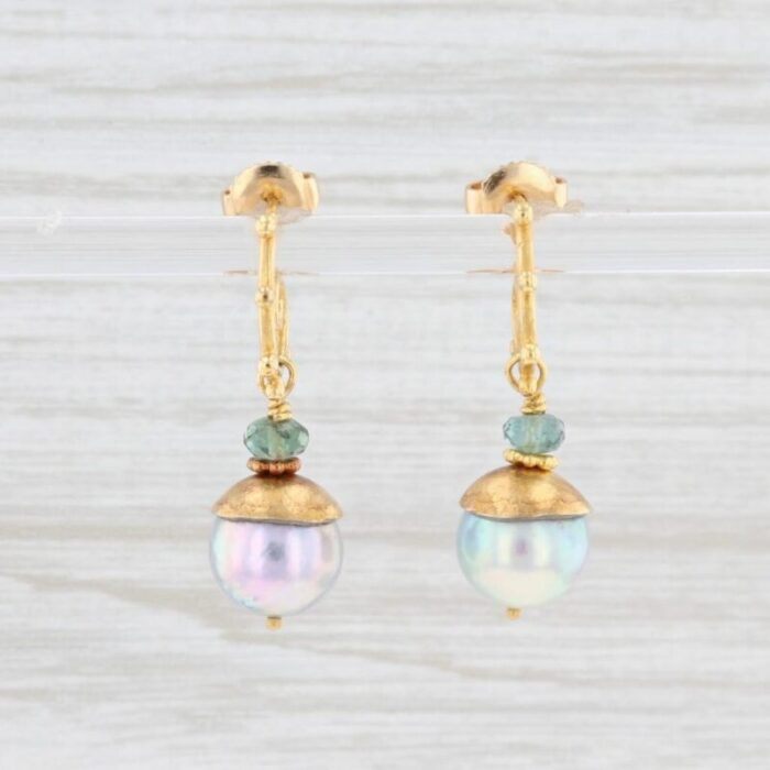 cultured saltwater pearl tourmaline swirl drop earrings 18k yellow gold 2 pieces 0783