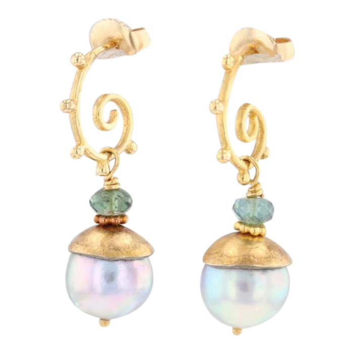 cultured saltwater pearl tourmaline swirl drop earrings 18k yellow gold 2 pieces 2699