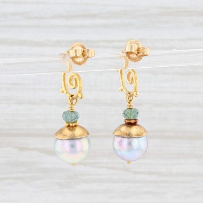 cultured saltwater pearl tourmaline swirl drop earrings 18k yellow gold 2 pieces 7148