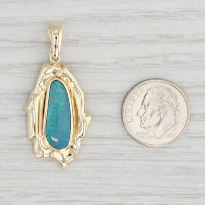 custom pinfire opal pendant 14k yellow gold green blue solitaire baroque boulder 0542