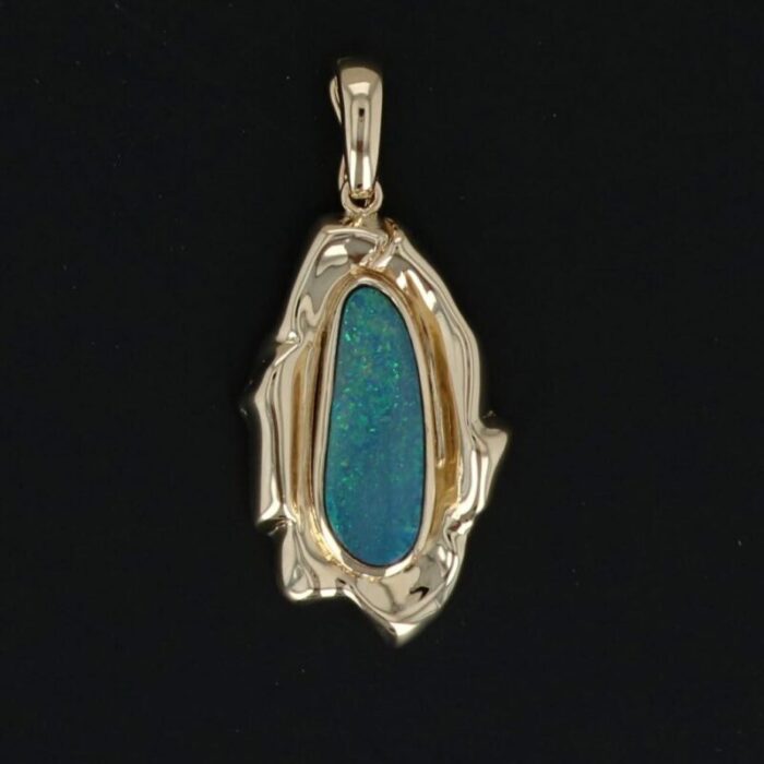 custom pinfire opal pendant 14k yellow gold green blue solitaire baroque boulder 4269